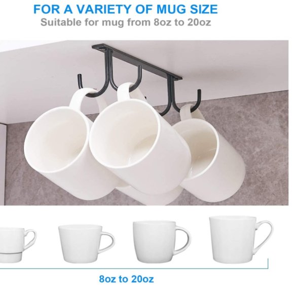 Mug Rack Under Cabinet - Coffee Cup Holder, 12 Mugs Hooks Under Shelf - Picture 3 of 10